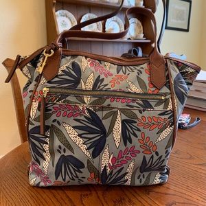 FOSSIL bag tote FLORAL BLUE with brown trim